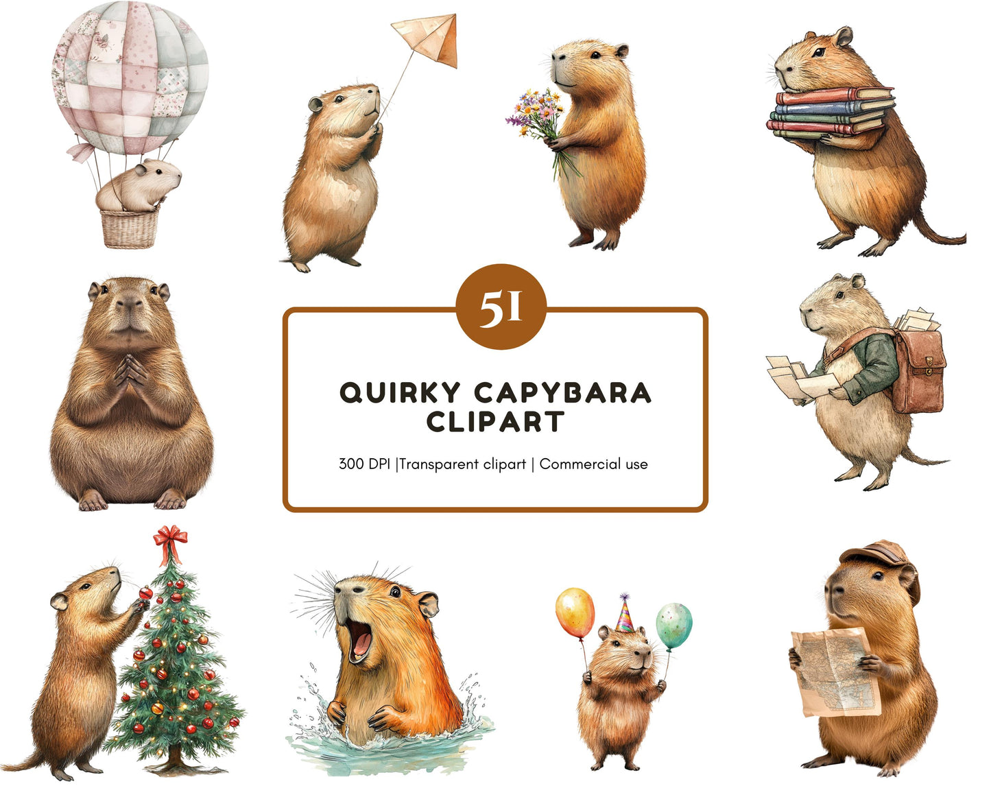 Quirky Capybara Clipart Bundle, Cute Capybara png, Watercolor Capybara Clipart, Whimsical Capybara png, Funny Capybara Clipart Bundle