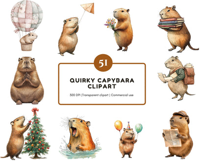 Quirky Capybara Clipart Bundle, Cute Capybara png, Watercolor Capybara Clipart, Whimsical Capybara png, Funny Capybara Clipart Bundle