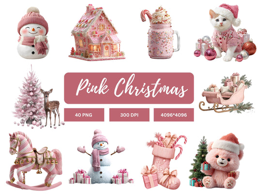 Watercolor Pink Christmas png Bundle, Pink Christmas Clipart, Cute Pink Christmas png, Cozy Pink Christmas Clipart, Winter Xmas Clipart