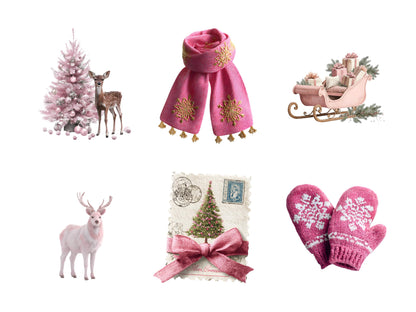 Watercolor Pink Christmas png Bundle, Pink Christmas Clipart, Cute Pink Christmas png, Cozy Pink Christmas Clipart, Winter Xmas Clipart