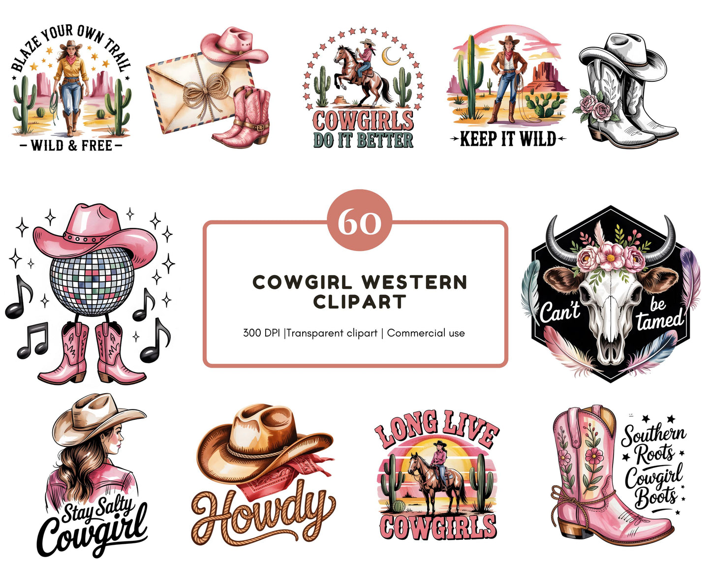 Western Cowgirl Clipart png Bundle, Western Coquette Clipart, Retro Western png, Western Cowgirl Sublimation Design, Rodeo Clipart png