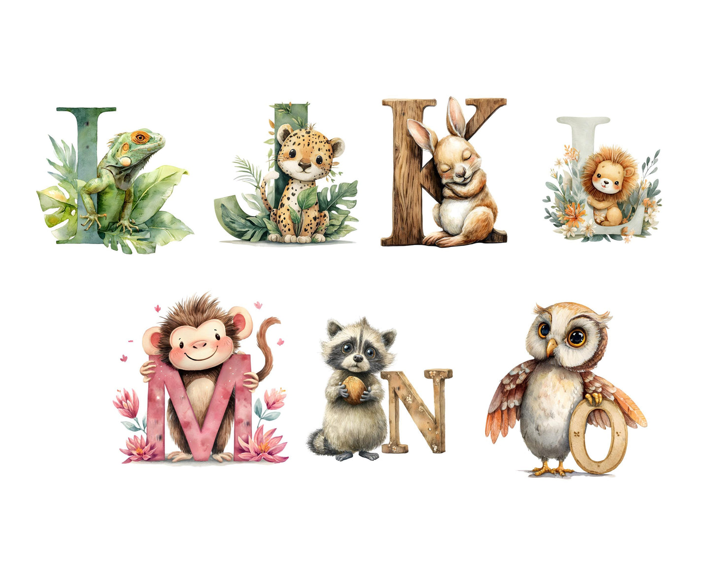 Animal Alphabet Clipart, Watercolor Cute Alphabet png Bundle, Cute Animal Alphabet Clipart, Animal Letter Clipart, Nursery Decor