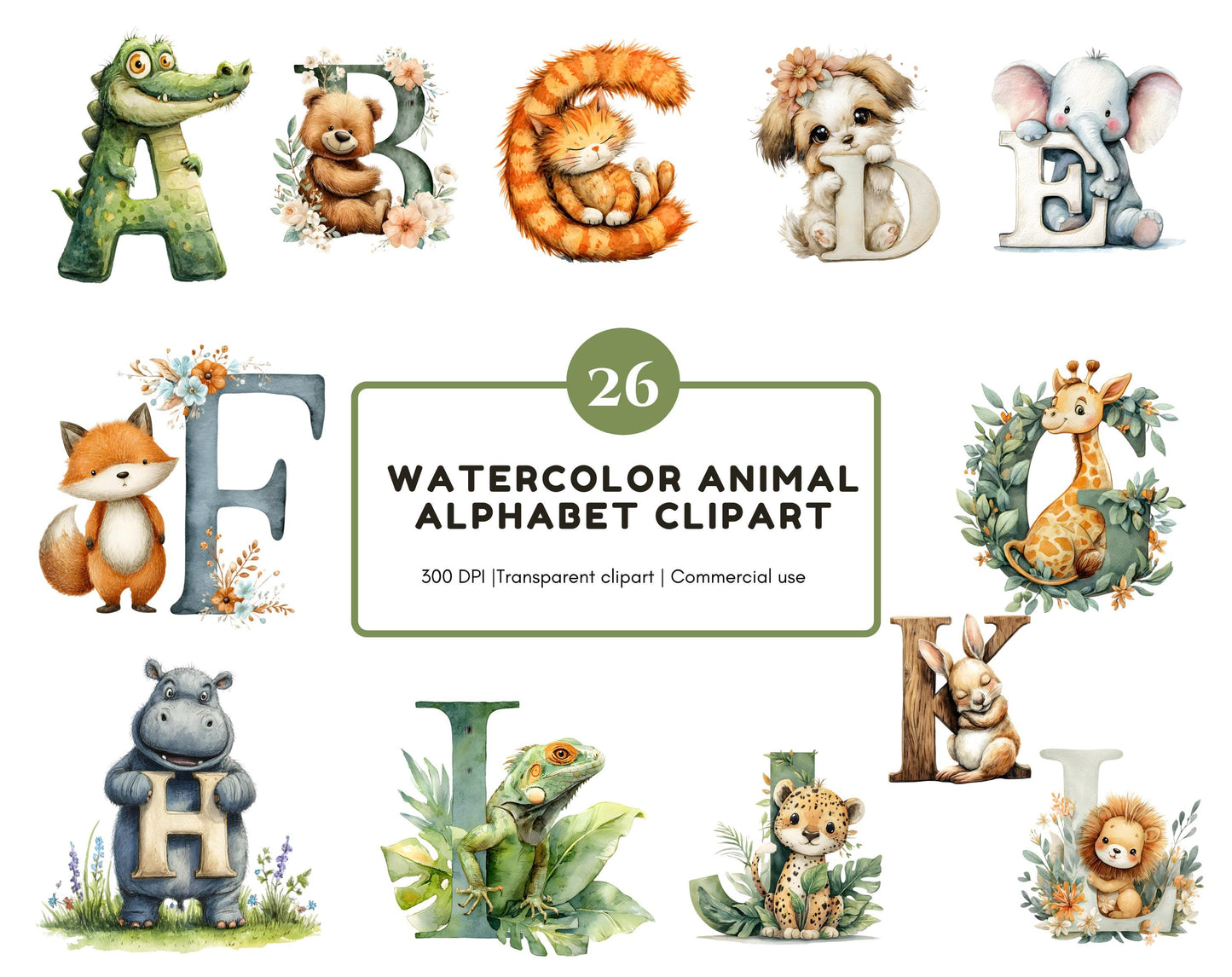 Animal Alphabet Clipart, Watercolor Cute Alphabet png Bundle, Cute Animal Alphabet Clipart, Animal Letter Clipart, Nursery Decor
