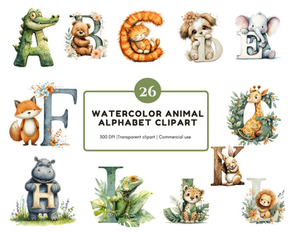 Animal Alphabet Clipart, Watercolor Cute Alphabet png Bundle, Cute Animal Alphabet Clipart, Animal Letter Clipart, Nursery Decor