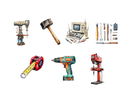 Aquarell-Clipart-Bundle mit Mechanikerwerkzeugen, Mechanikerwerkzeuge (PNG), Werkzeug-Clipart, Reparaturwerkzeug-Clipart, Heimwerker-Werkzeugkasten-Clipart, Werkzeug-PNG