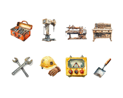 Aquarell-Clipart-Bundle mit Mechanikerwerkzeugen, Mechanikerwerkzeuge (PNG), Werkzeug-Clipart, Reparaturwerkzeug-Clipart, Heimwerker-Werkzeugkasten-Clipart, Werkzeug-PNG