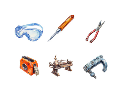 Aquarell-Clipart-Bundle mit Mechanikerwerkzeugen, Mechanikerwerkzeuge (PNG), Werkzeug-Clipart, Reparaturwerkzeug-Clipart, Heimwerker-Werkzeugkasten-Clipart, Werkzeug-PNG