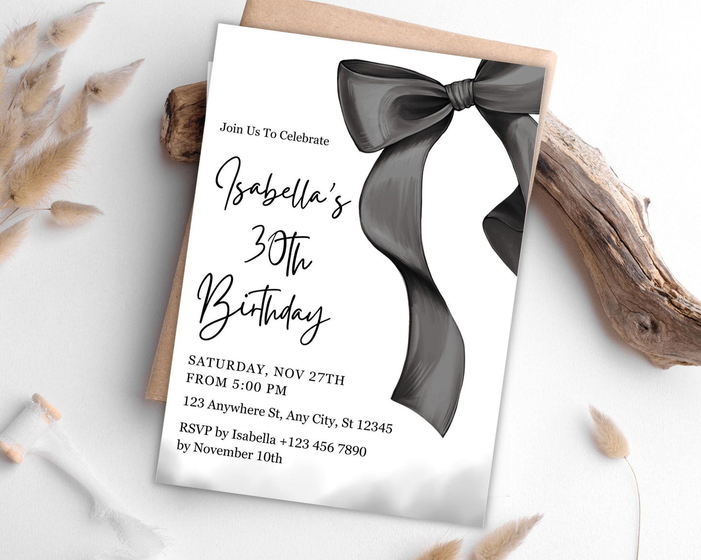 Elegant Black Bow Birthday Invitation Template, Minimalist Party Invite (Digital Download)