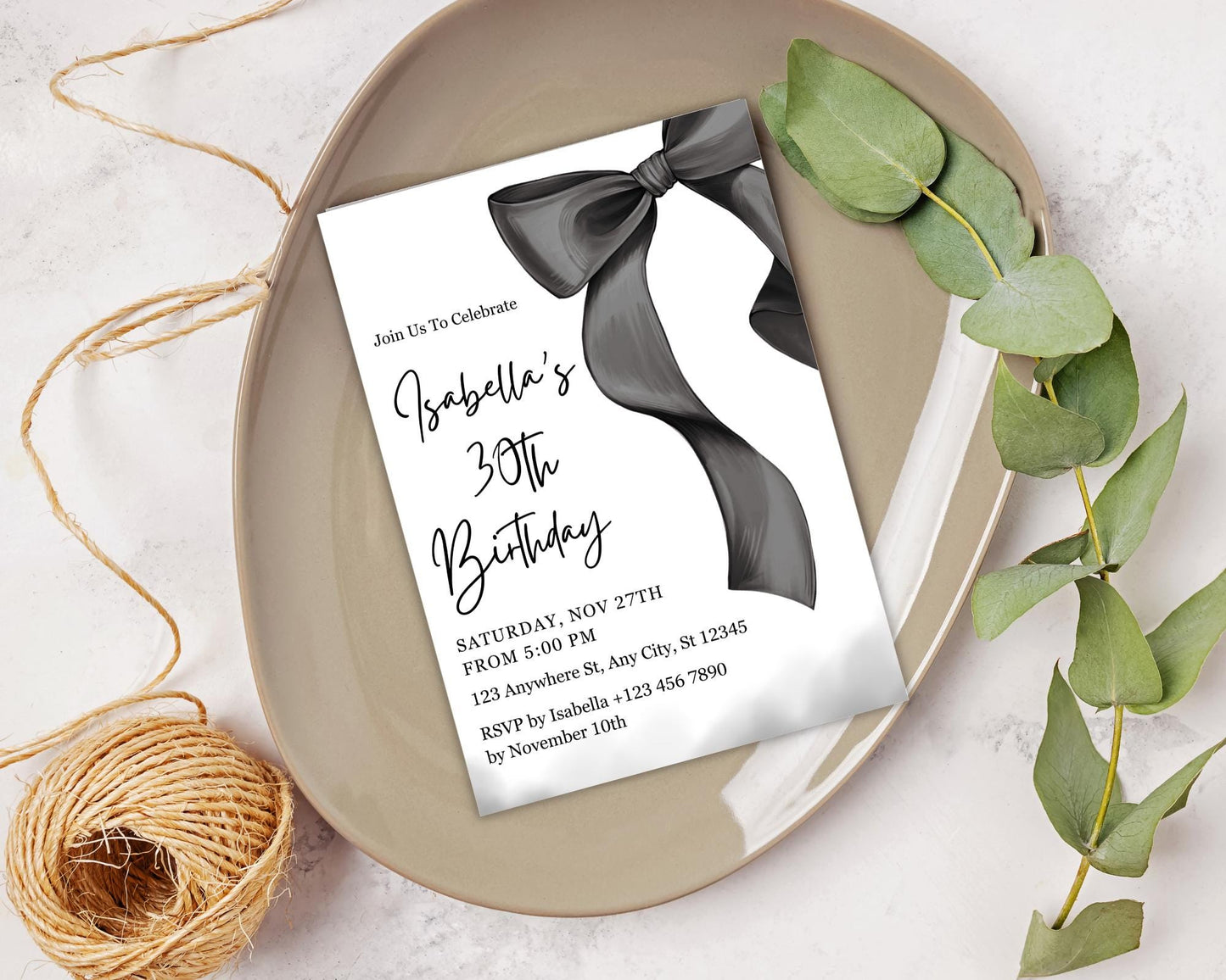 Elegant Black Bow Birthday Invitation Template, Minimalist Party Invite (Digital Download)
