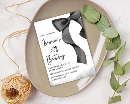 Elegant Black Bow Birthday Invitation Template, Minimalist Party Invite (Digital Download)