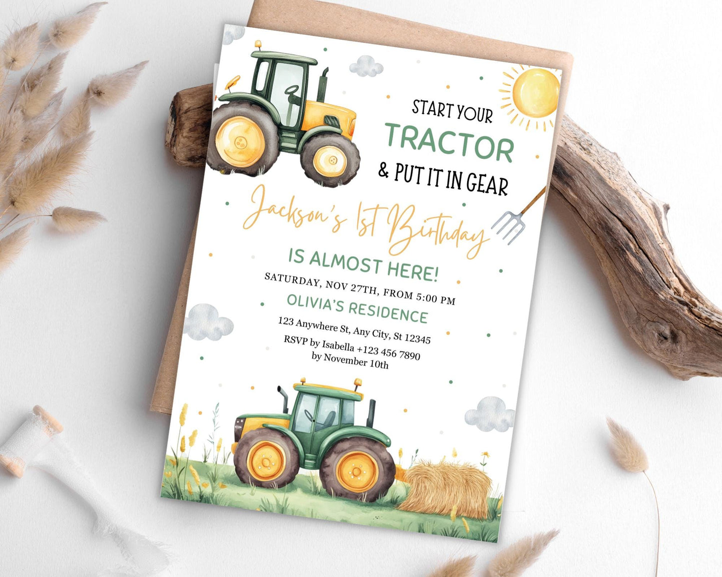 Green Tractor Birthday Invitation, Farm Party, Editable Canva Template (Digital Download)