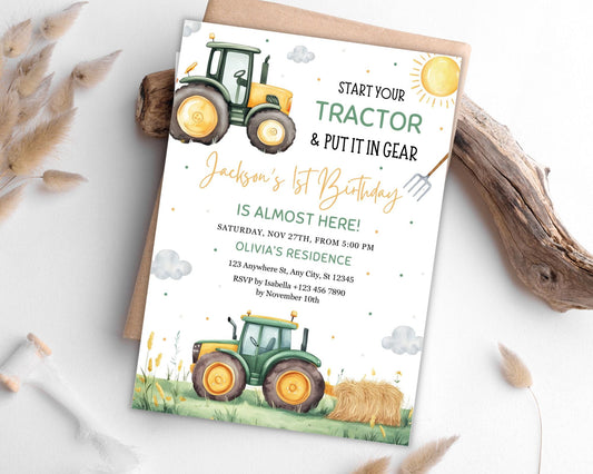 Green Tractor Birthday Invitation, Farm Party, Editable Canva Template (Digital Download)