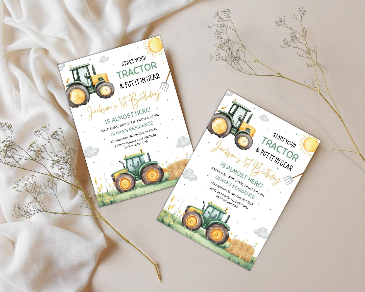 Green Tractor Birthday Invitation, Farm Party, Editable Canva Template (Digital Download)