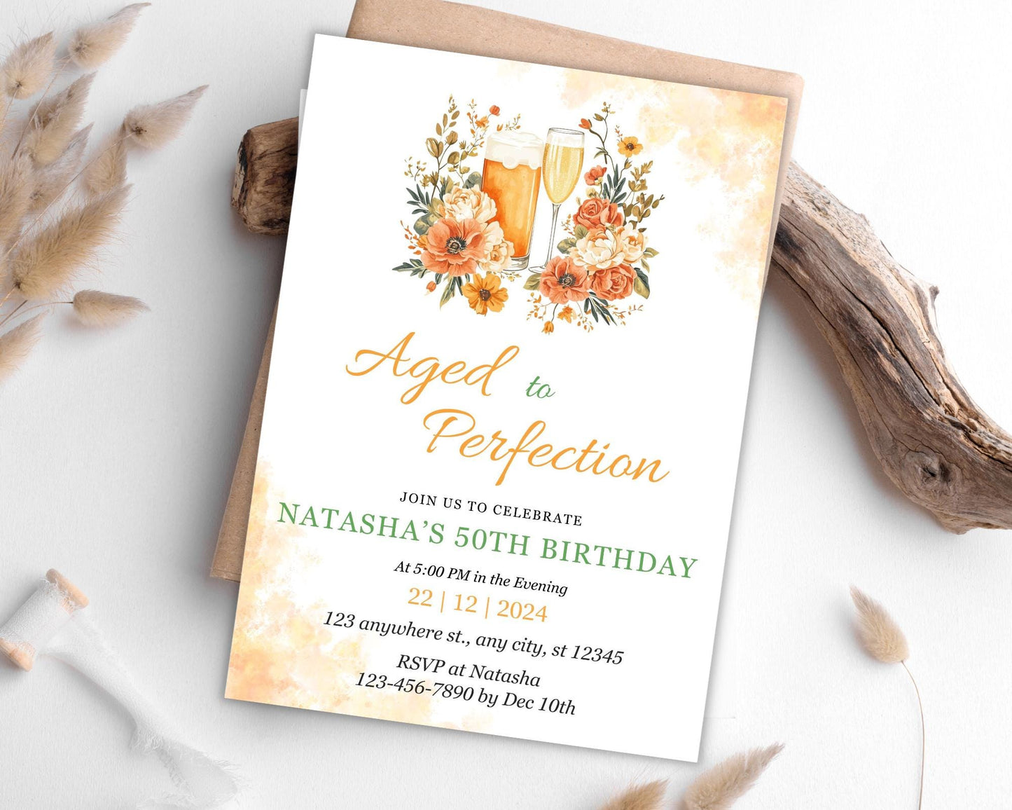 Floral 50th Birthday Invitation, Beer & Champagne, Aged to Perfection (Editable Canva Template)