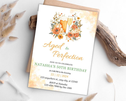 Floral 50th Birthday Invitation, Beer & Champagne, Aged to Perfection (Editable Canva Template)