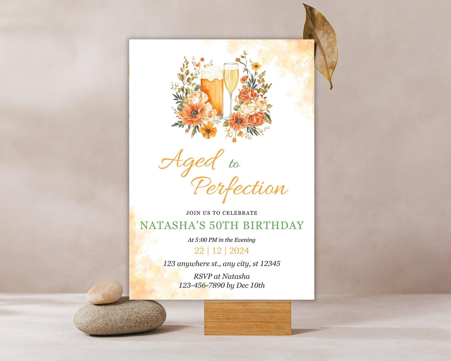 Floral 50th Birthday Invitation, Beer & Champagne, Aged to Perfection (Editable Canva Template)
