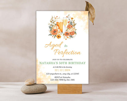 Floral 50th Birthday Invitation, Beer & Champagne, Aged to Perfection (Editable Canva Template)