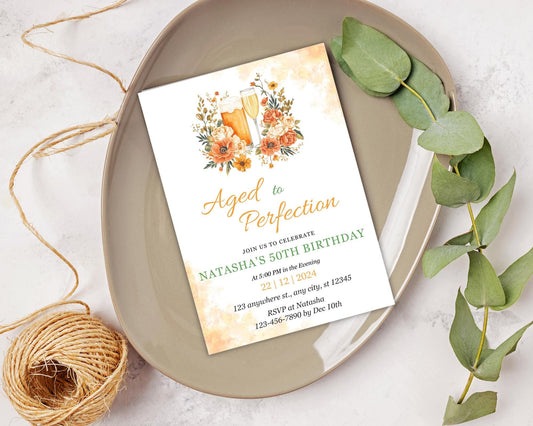 Floral 50th Birthday Invitation, Beer & Champagne, Aged to Perfection (Editable Canva Template)