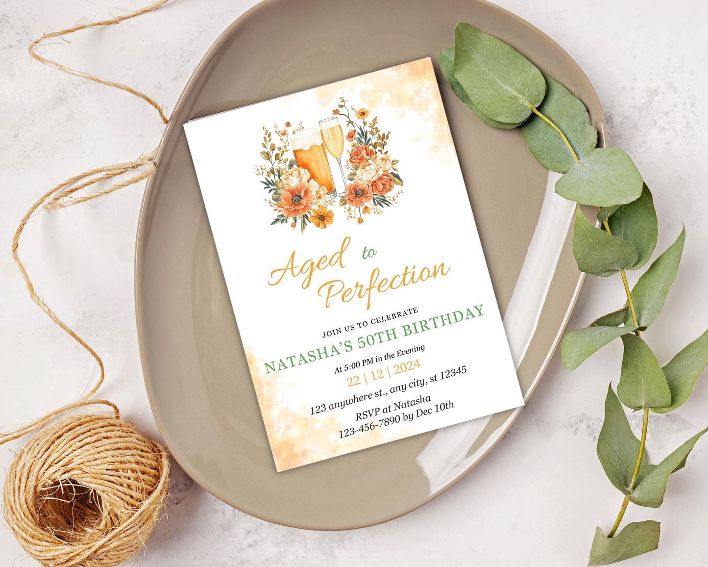 Floral 50th Birthday Invitation, Beer & Champagne, Aged to Perfection (Editable Canva Template)