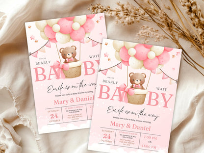Boho Teddy Bear Baby Shower Invitation, Pink Balloons (Digital Download)