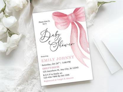 Blush Pink Bow Baby Shower Invitation, Girl, Elegant Canva Template (Digital Download)