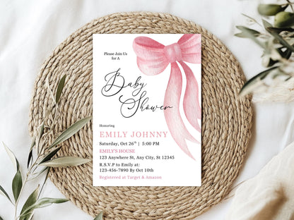 Blush Pink Bow Baby Shower Invitation, Girl, Elegant Canva Template (Digital Download)