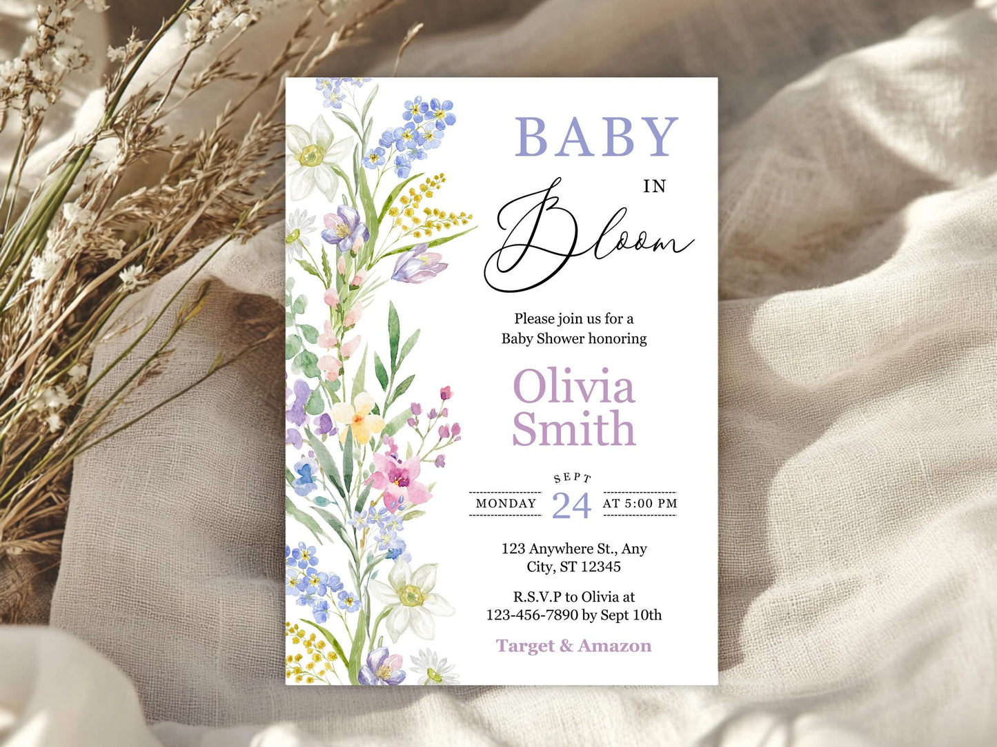 Vintage Floral Baby Shower Invitation, Baby in Bloom (Instant Download)