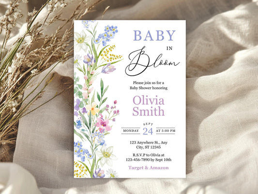 Vintage Floral Baby Shower Invitation, Baby in Bloom (Instant Download)