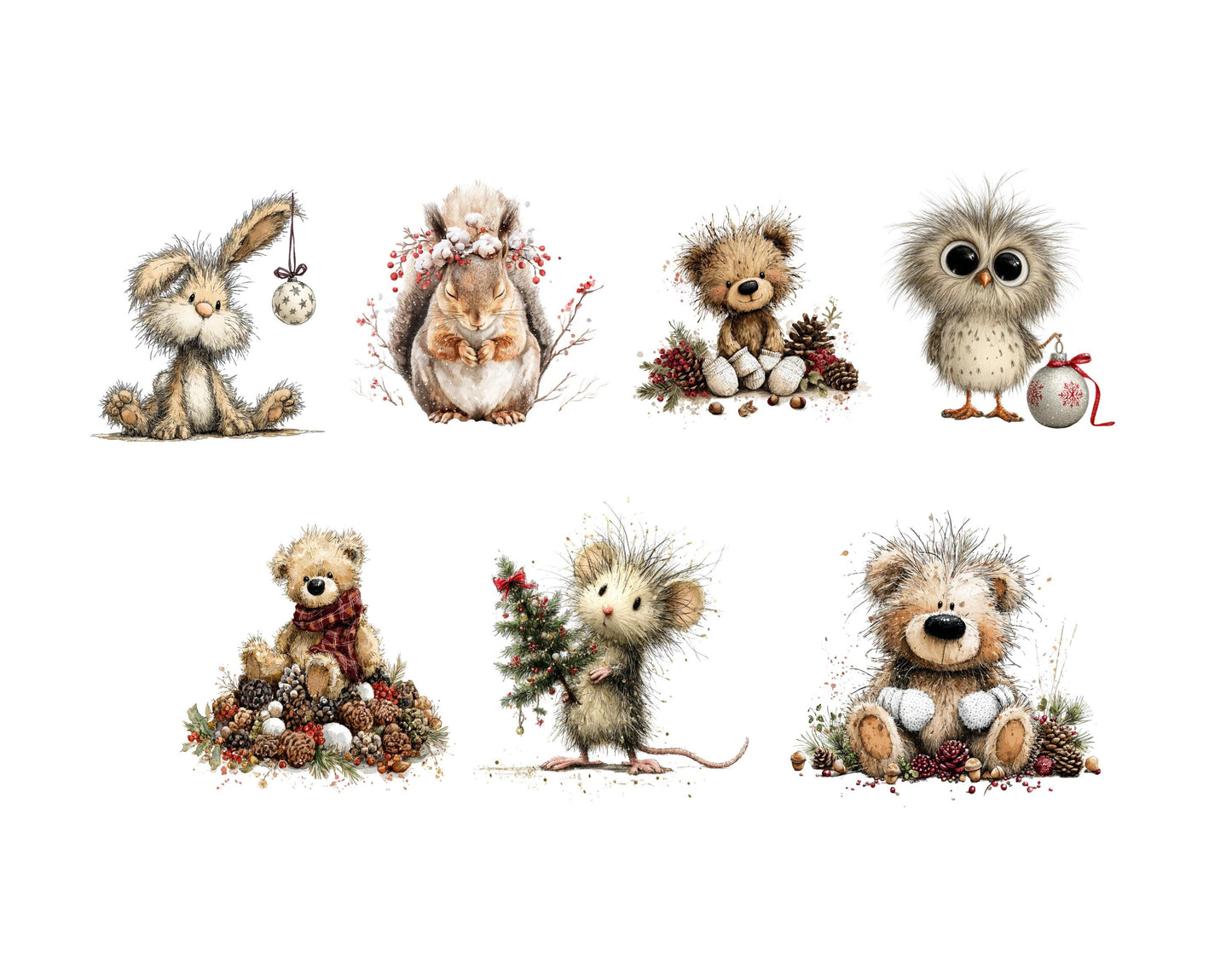 Weihnachts-Clipart-Bundle mit Waldtieren, niedliche Waldtier-Cliparts für Weihnachten, Aquarell-Waldtiere (PNG), festliche Feiertage