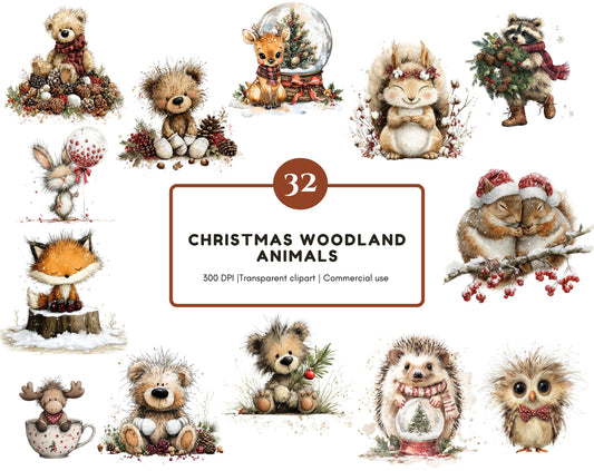 Woodland Animal Christmas Clipart Bundle, Christmas Cute Woodland Animal Clipart, Watercolor Christmas Woodland Animal png, Festive Holiday