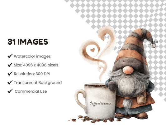 Watercolor Coffee Gnome Clipart Bundle, Coffee Lover PNG (Instant Download)
