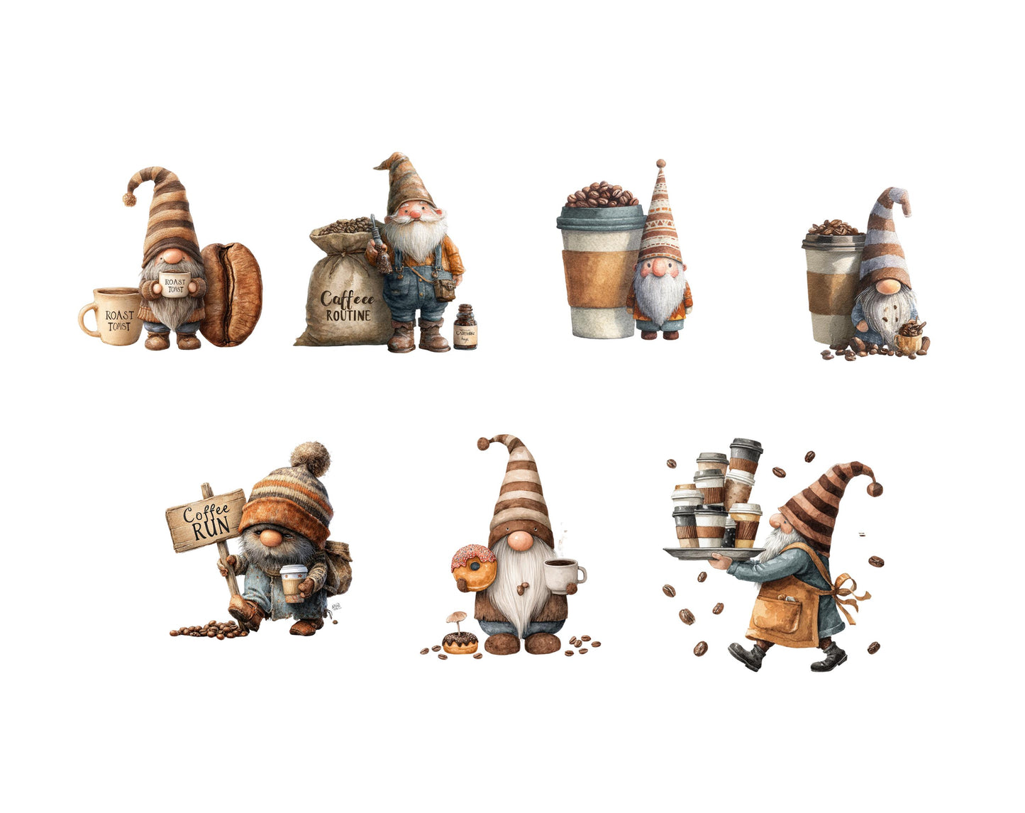 Watercolor Coffee Gnome Clipart Bundle, Coffee Lover PNG (Instant Download)
