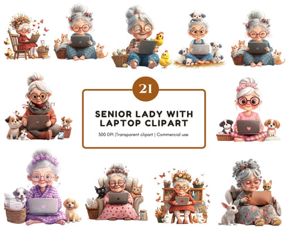 Funny Senior Lady With Laptop Clipart, Grandma PNG (Digital Download)