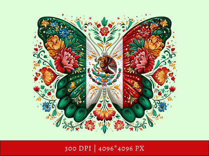 Mexico Butterfly Clipart, Mexico Butterfly png, Patriotic png, Mexican Flag Clipart, Flowers png, T-Shirt Design, Sublimation png