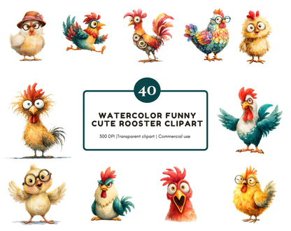 40 Funny Rooster Clipart Bundle, Cute Rooster Clipart png, Funny Cute Rooster Clipart, Baby Chicken Clipart, Chick Clipart, Chicken png