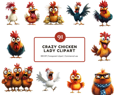 Funny Chicken Clipart Bundle, Funny F-Caw-F Chicken Clipart, Screaming Rooster Clipart png, Crazy Hen Clipart, Farm Animal png, Hen png