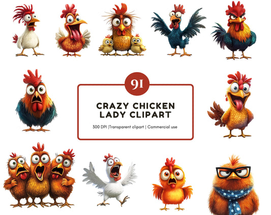 Funny Chicken Clipart Bundle, Funny F-Caw-F Chicken Clipart, Screaming Rooster Clipart png, Crazy Hen Clipart, Farm Animal png, Hen png
