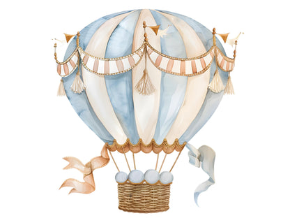 Blue Hot Air Balloon Clipart Bundle, Watercolor Hot Air Balloon png, Pastel Hot Air Balloon png, Hot Air Balloon Clipart, Baby Shower Decor
