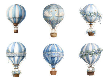 Blue Hot Air Balloon Clipart Bundle, Watercolor Hot Air Balloon png, Pastel Hot Air Balloon png, Hot Air Balloon Clipart, Baby Shower Decor