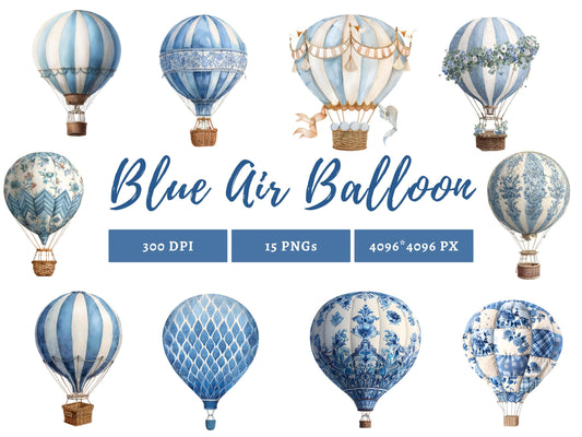 Blue Hot Air Balloon Clipart Bundle, Watercolor Hot Air Balloon png, Pastel Hot Air Balloon png, Hot Air Balloon Clipart, Baby Shower Decor