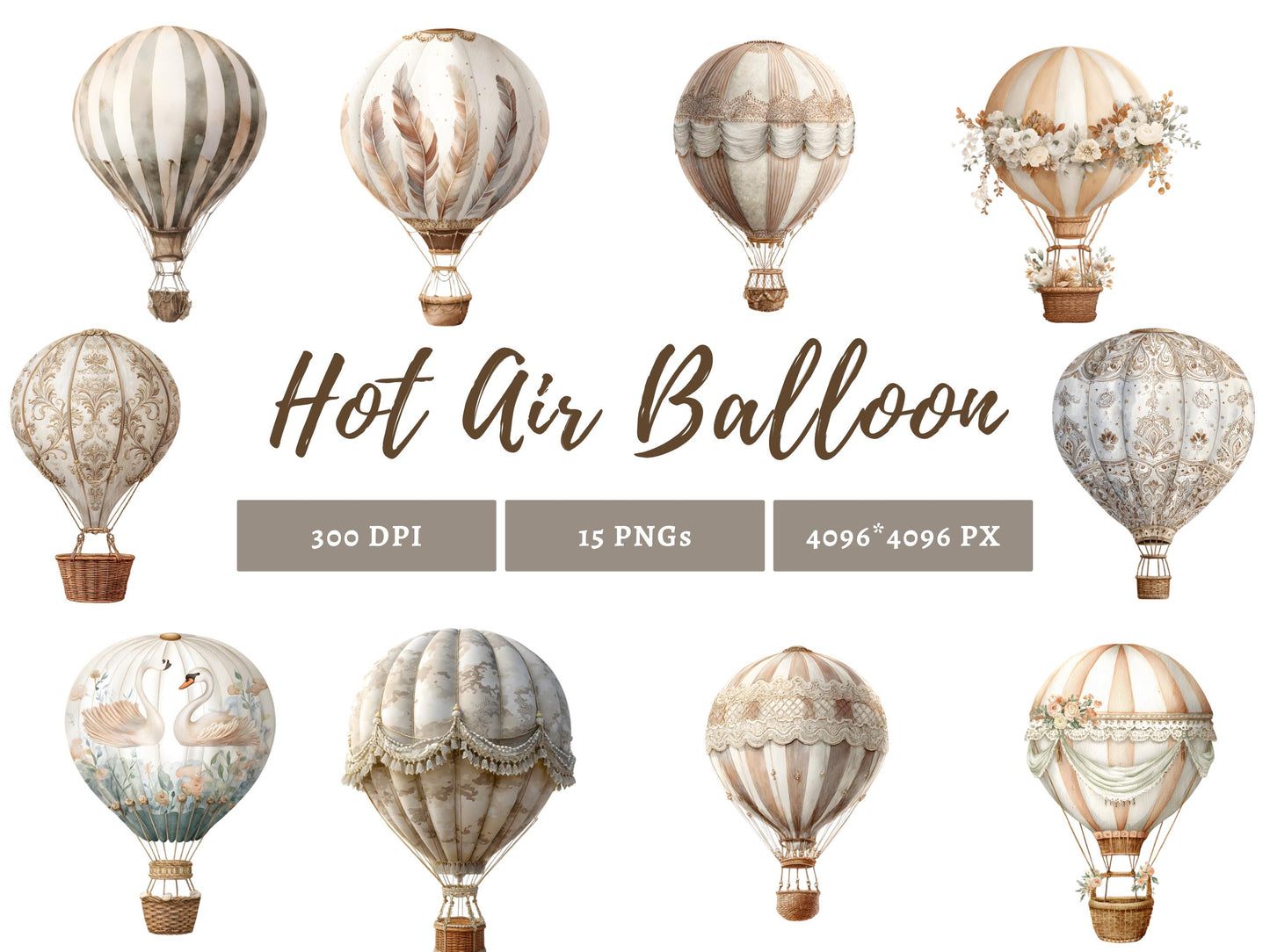 Neutral Hot Air Balloon Clipart Bundle, Watercolor Hot Air Balloon png, Pastel Hot Air Balloon png, Hot Air Balloon Clipart, Baby Shower