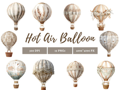 Neutral Hot Air Balloon Clipart Bundle, Watercolor Hot Air Balloon png, Pastel Hot Air Balloon png, Hot Air Balloon Clipart, Baby Shower