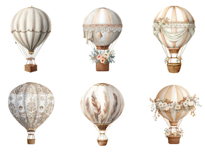 Neutral Hot Air Balloon Clipart Bundle, Watercolor Hot Air Balloon png, Pastel Hot Air Balloon png, Hot Air Balloon Clipart, Baby Shower
