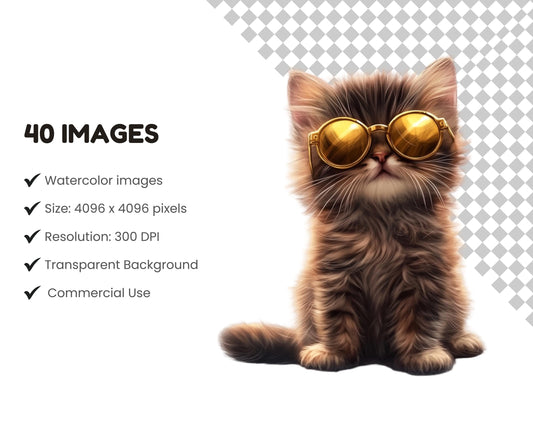 40 Cat And Kitten Clipart, Watercolor Cat And Kitten Clipart Bundle, High Quality Cat png, Cute Kitten png, Cool Kitten png