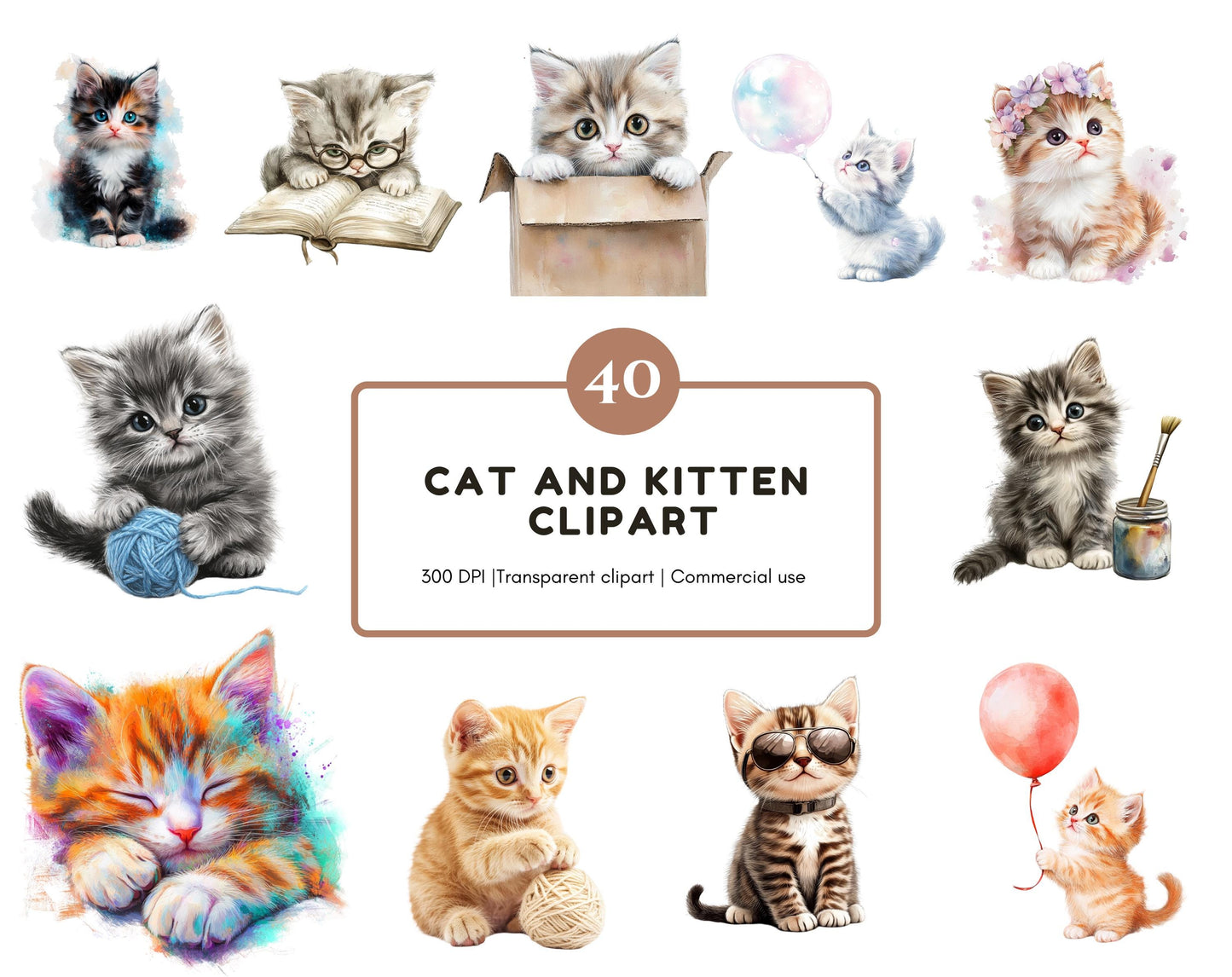 40 Katzen- und Kätzchen-Cliparts, Aquarell-Katzen- und Kätzchen-Clipart-Bundle, Hochwertige Katzen-PNGs, Niedliche Kätzchen-PNGs, Coole Kätzchen-PNGs