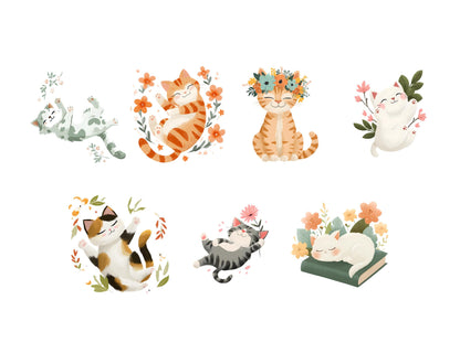Watercolor Spring Kitten Clipart Bundle, Floral Cat PNG (Digital Download)
