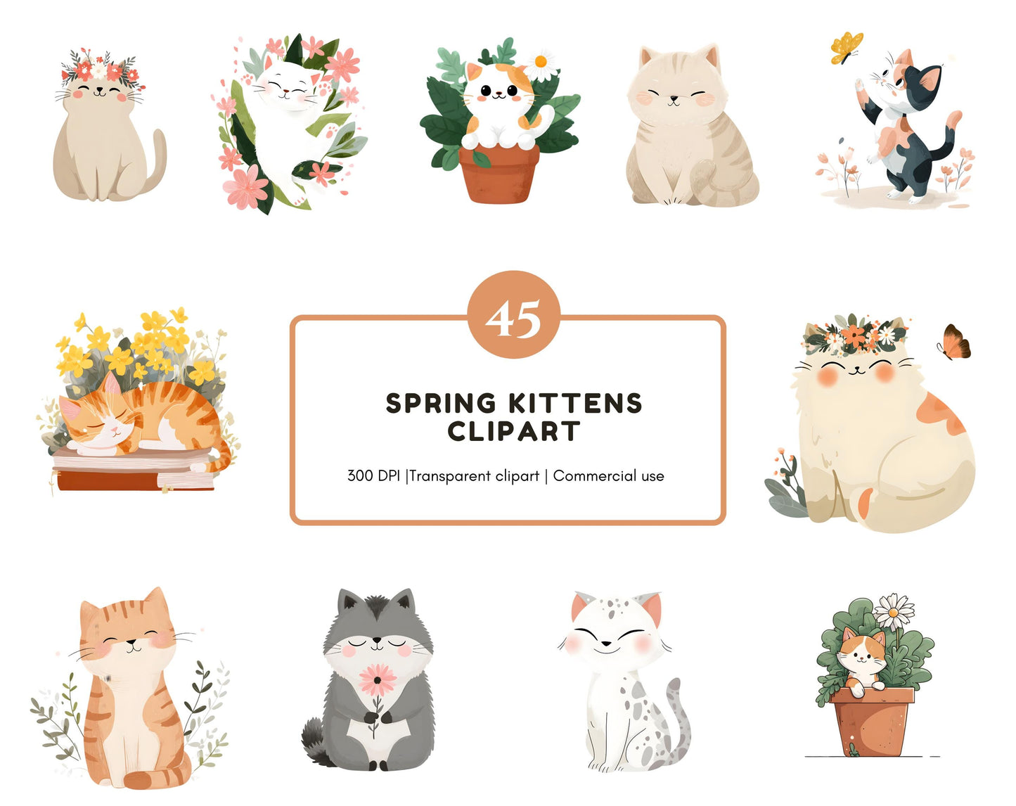 Watercolor Spring Kitten Clipart Bundle, Floral Cat PNG (Digital Download)