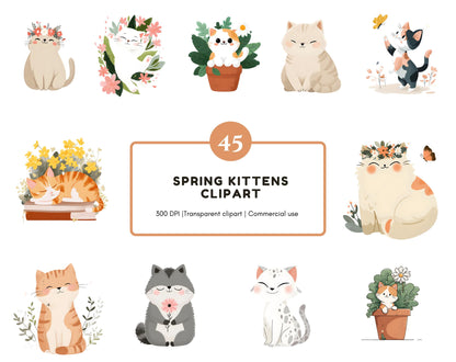 Watercolor Spring Kitten Clipart Bundle, Floral Cat PNG (Digital Download)