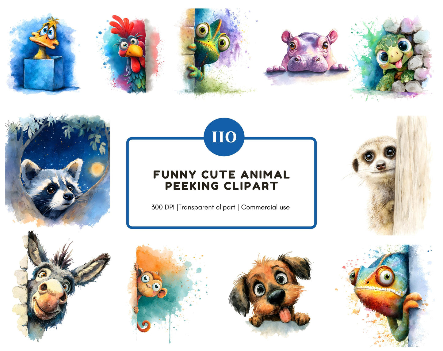 110 Whimsical Animal Peeking Around Corner Clipart, Humorous Animal Clipart, Quirky Animal Clipart png Bundle, Silly Animal png Bundle
