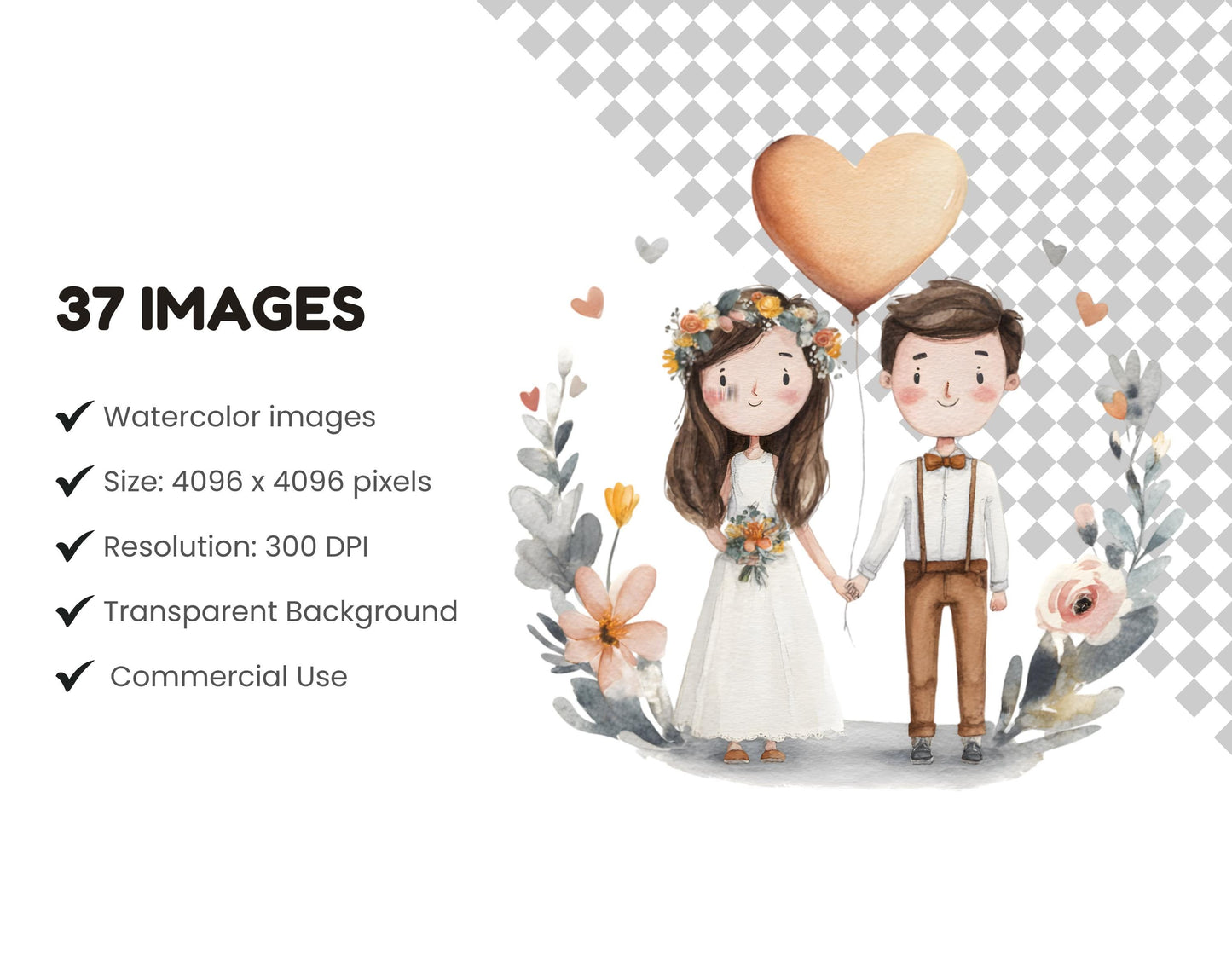 Watercolor Cute Wedding Couple Clipart, Wedding Couple Clipart png Bundle, Bride And Groom Clipart, Love Couple Clipart, Wedding Printable